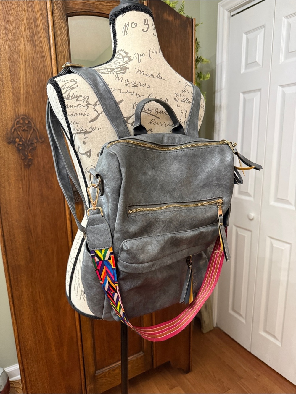 Gray Vegan Leather Convertible Backpack Tote with Colorful Strap